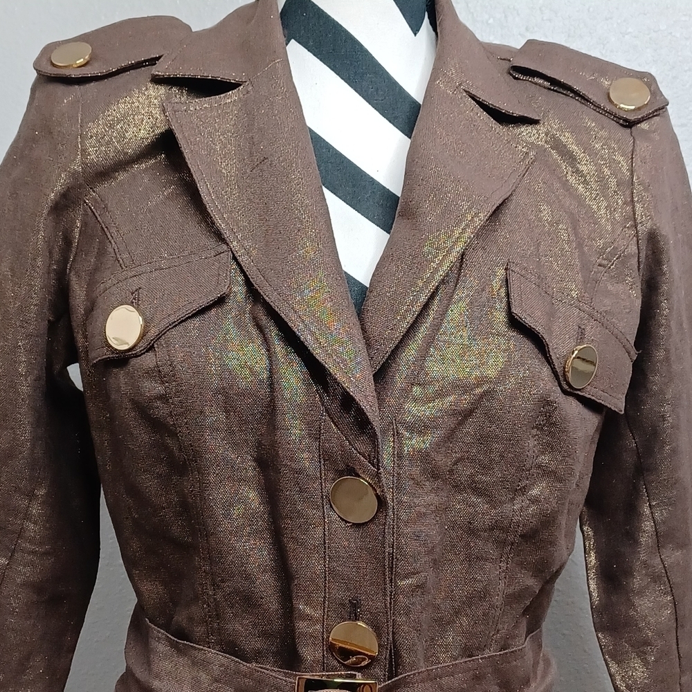 NWT Cache Mob Wife Sz S Metallic Gold Button Front Belted Linen Blend Jacketed. - Picture 5 of 15